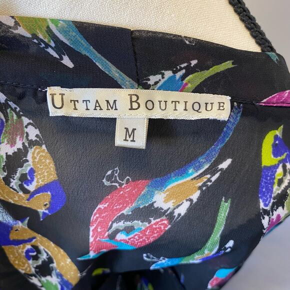 Uttam Boutique Sheer Colorful Bird Tie Neck Button Down Blouse Size Medium - Picture 8 of 15